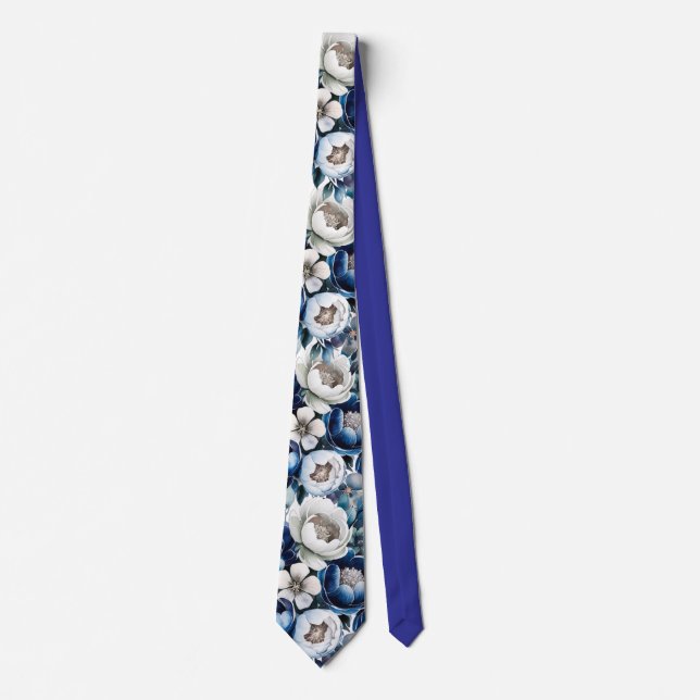 Royal Blue und Silver Glittery Peony Groom Krawatte (Vorderseite)