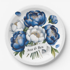 Royal Blue und Silver Glittery Peony Wedding Pappteller