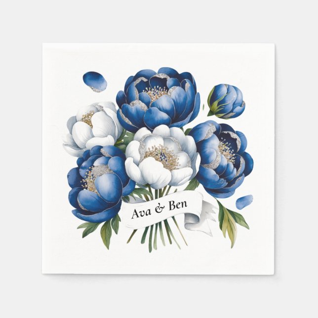 Royal Blue und Silver Glittery Peony Wedding Serviette (Vorderseite)