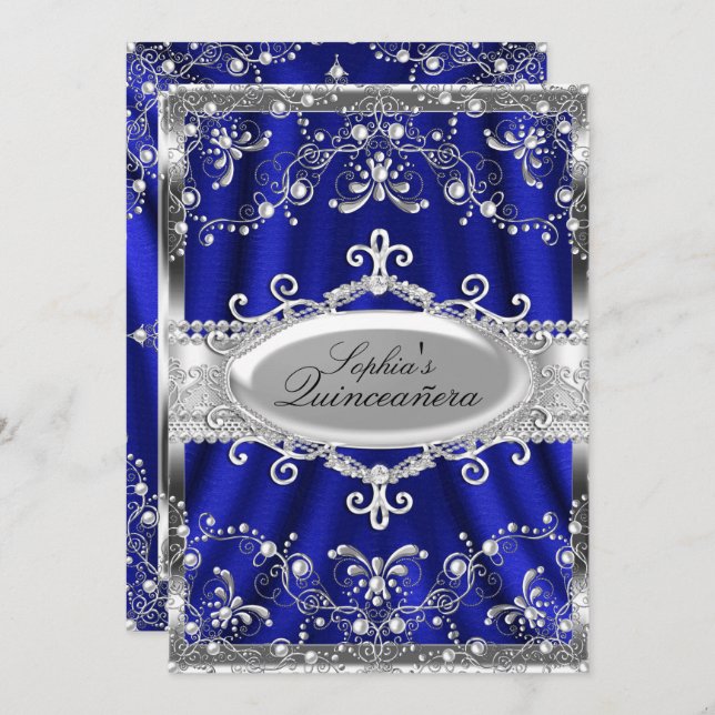 Royal Blue und Silver Jewel Damask Quinceanera Einladung (Vorne/Hinten)