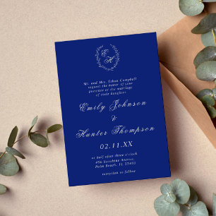 Royal Blue und Silver Monogram Wreath Wedding Einladung