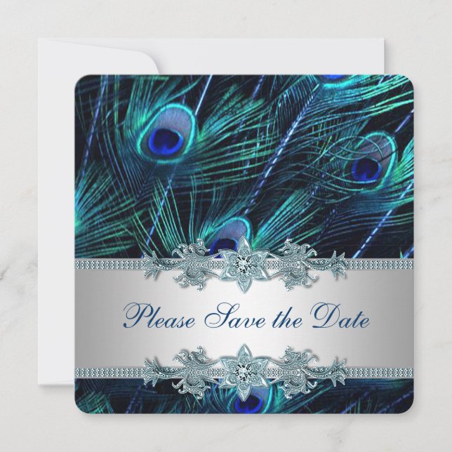 Royal Blue und Silver Peacock Save the Date (Vorderseite)