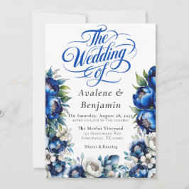 Royal Blue und Silver Peony Wedding Calligraphy Einladung