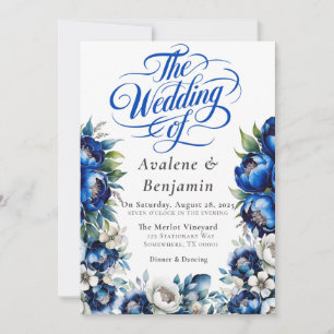 Royal Blue und Silver Peony Wedding Calligraphy Einladung