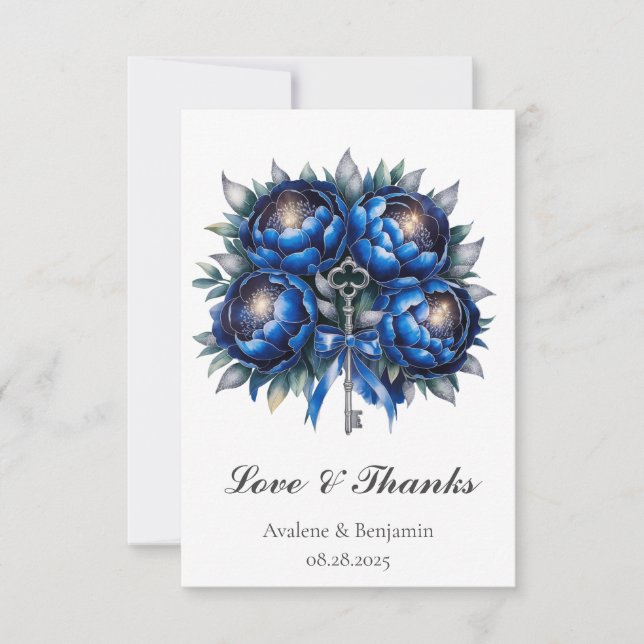 Royal Blue und Silver Peony Wedding Dankeskarte (Vorderseite)