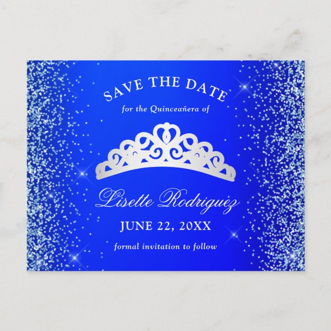 Royal Blue und Silver Quinceanera Save the Date Postkarte (Vorderseite)