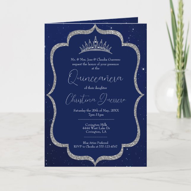 Royal Blue und Silver Starry Night Quinceanera Einladung (Vorderseite)