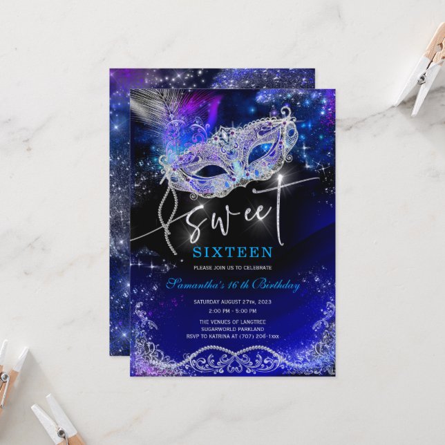 Royal Blue und Silver Sweet 16 Dekorationen Einladung (Vorderseite/Rückseite Beispiel)