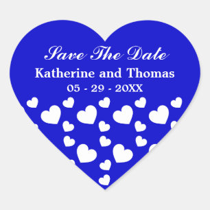 Royal Blue und White Hearts Save the Date Stickers