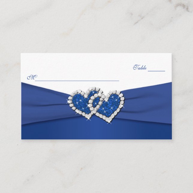 Royal Blue und White Joined Hearts Placecards Platzkarte (Vorderseite)