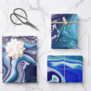 Royal Blue und White Marmor Waves Fluid Art Geschenkpapier Set