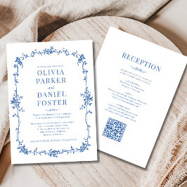 Royal Blue Victorian QR Code All in One Wedding  Einladung