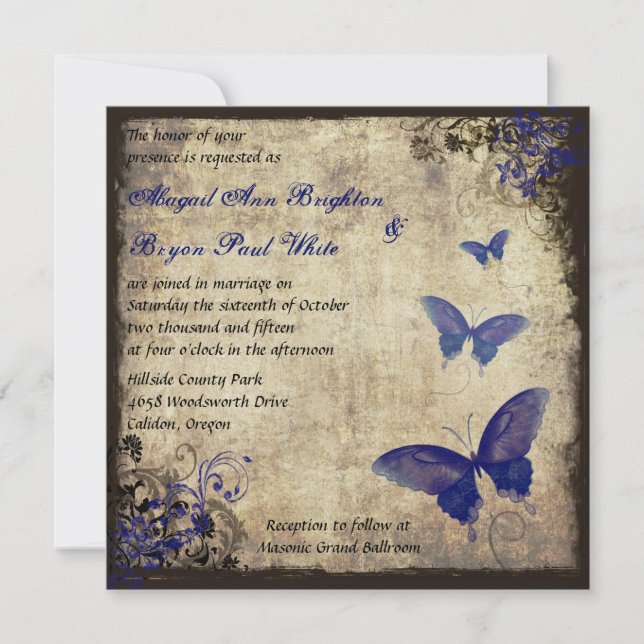 Royal Blue Vintag Butterfly Wedding Einladung (Vorderseite)
