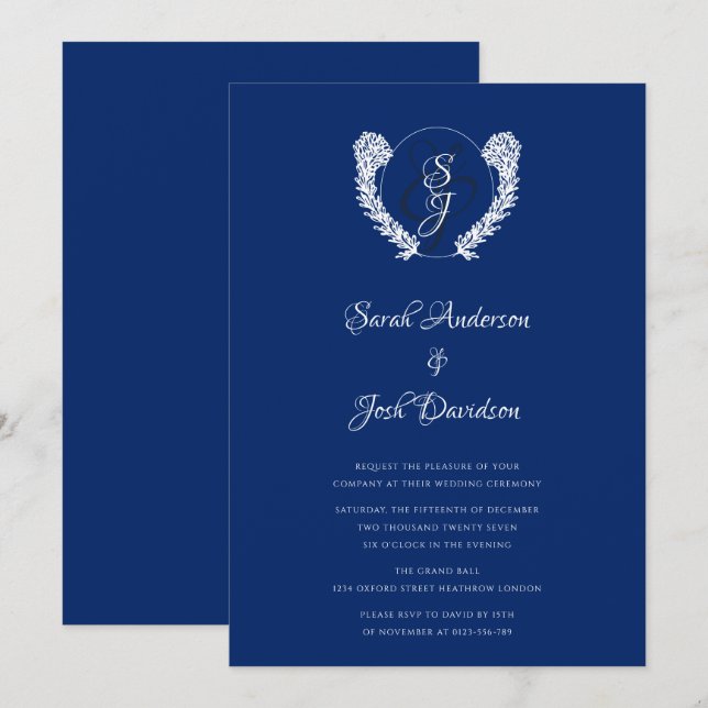 Royal Blue Vintag Monogram Classic Einladung (Vorne/Hinten)