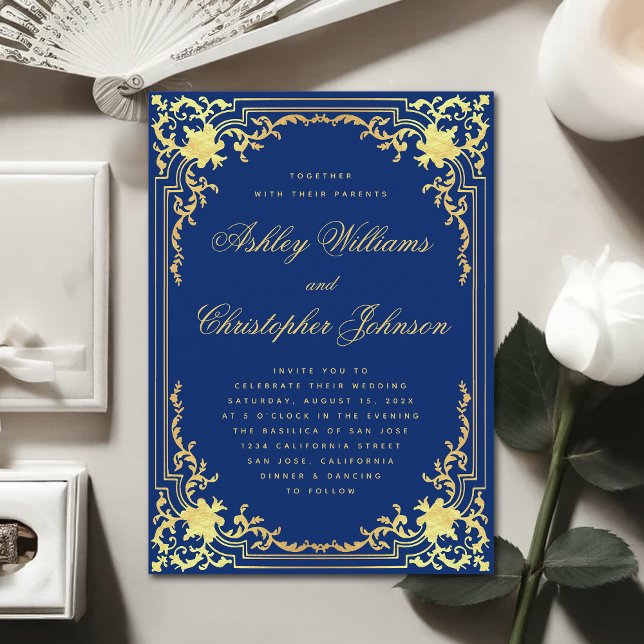 Royal Blue Vintage Wedding Imitate Goldenen Fest Einladung (Von Creator hochgeladen)