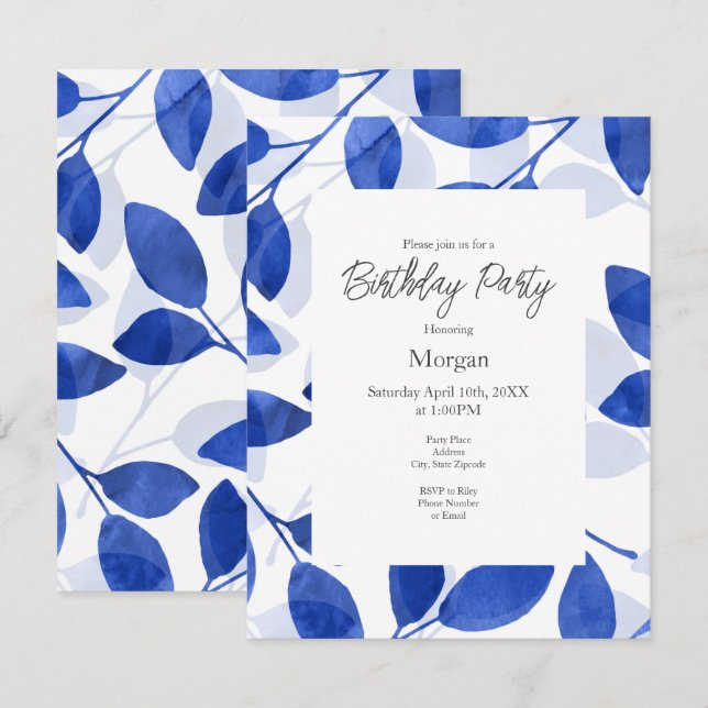 Royal Blue Watercolor-Blätter Einladung (Vorne/Hinten)