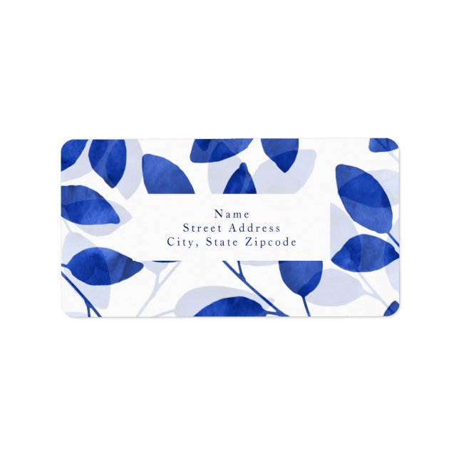 Royal Blue Watercolor Blätter Labels Adressaufkleber (Vorne)