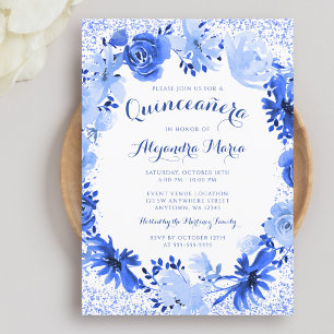 Royal Blue Watercolor Floral Quinceanera Einladung