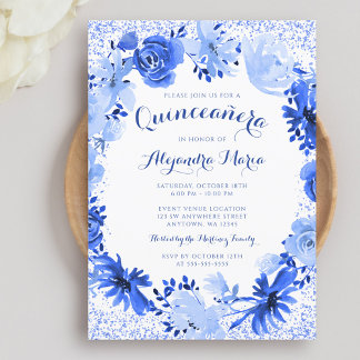 Royal Blue Watercolor Floral Quinceanera Einladung