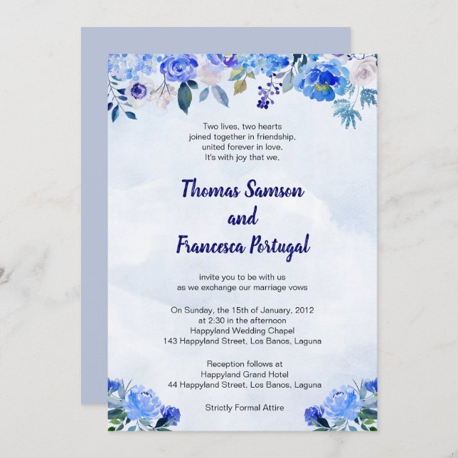Royal Blue Watercolor Floral Wedding Einladung (Vorne/Hinten)
