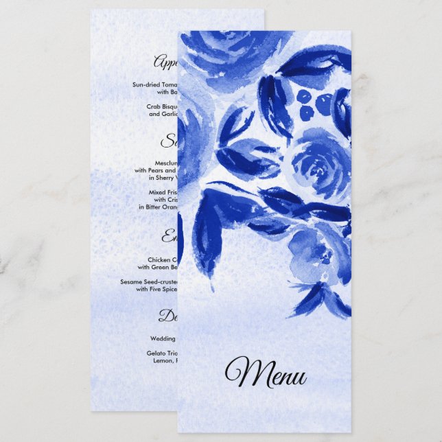 Royal Blue Watercolor Floral Wedding Menu Card Menükarte (Vorne/Hinten)