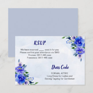 Royal Blue Watercolor Floral Wedding RSVP Card Einladung