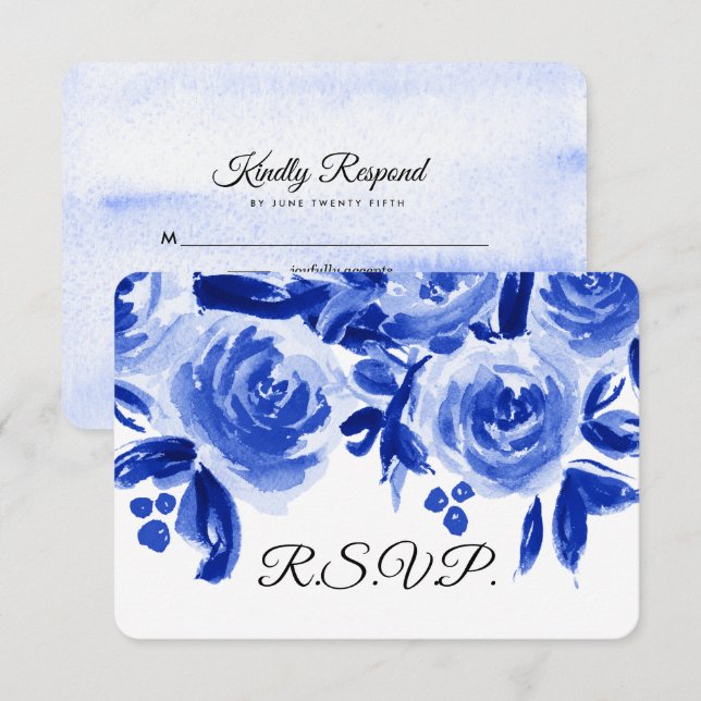 Royal Blue Watercolor Floral Wedding RSVP Cards Einladung (Vorne/Hinten)