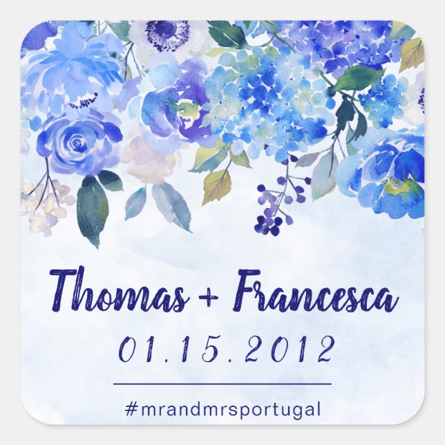 Royal Blue Watercolor Floral Wedding Stickers (Vorderseite)