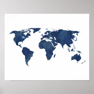 Royal Blue Watercolor Weltkarte Poster