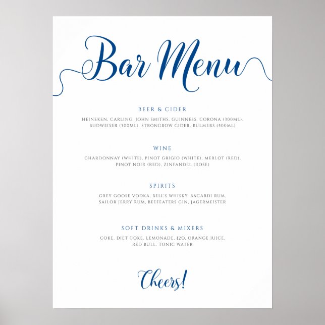 Royal Blue Wedding Drinks Menu Poster (Vorne)