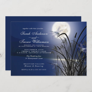 Royal Blue Wedding Full Moon Dragonfly Pond Einladung