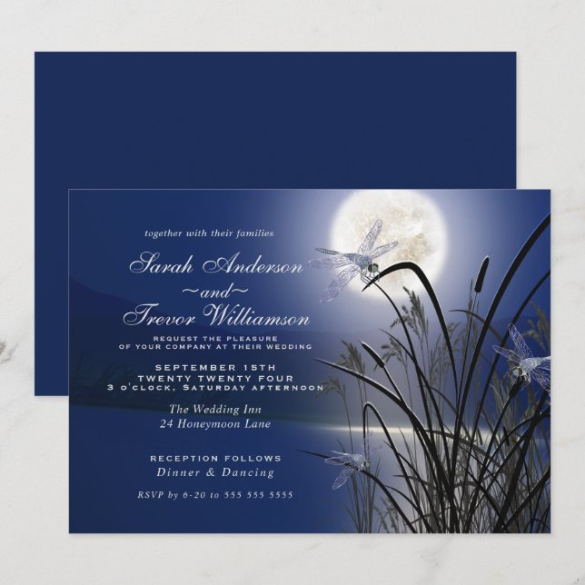 Royal Blue Wedding Full Moon Dragonfly Pond Einladung (Vorne/Hinten)