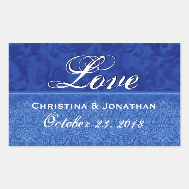 Royal Blue Wedding Liebe Damask und Ribbon Rechteckiger Aufkleber (Vorderseite)