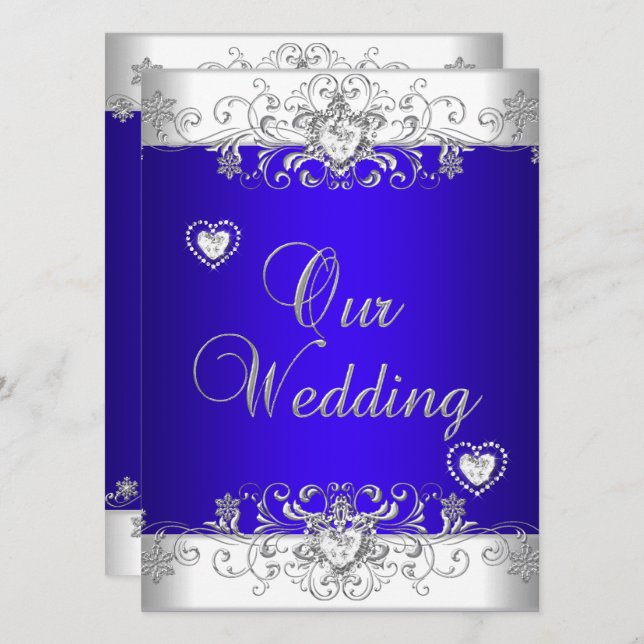 Royal Blue Wedding Silver Diamond Hearts Einladung (Vorne/Hinten)