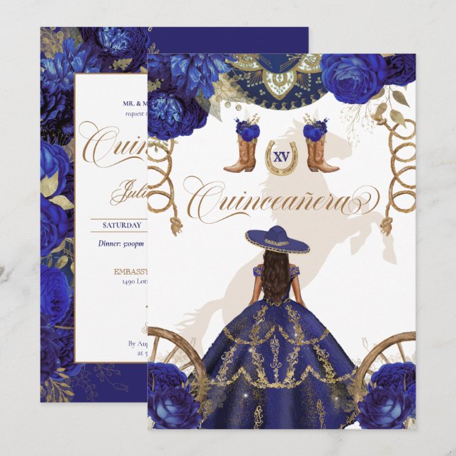 Royal Blue Western Charro 2-seitige Quinceanera Einladung (Vorne/Hinten)