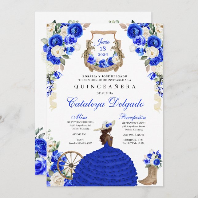 Royal Blue Western Fairytale Princess Quinceañera Einladung (Vorne/Hinten)
