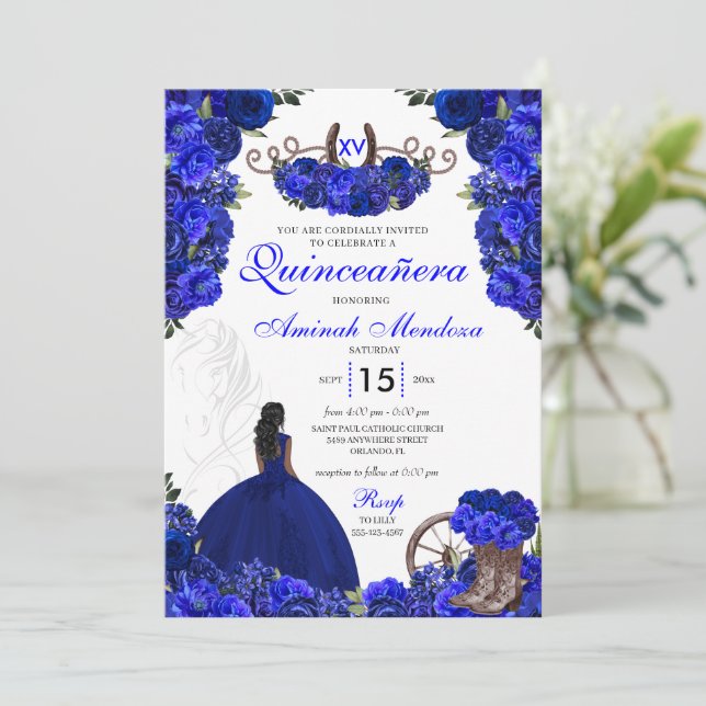 Royal Blue Western Princess Charro Quinceanera Einladung (Stehend Vorderseite)