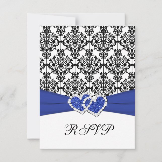 Royal Blue, White, Black Damask & Hearts RSVP Card (Vorderseite)