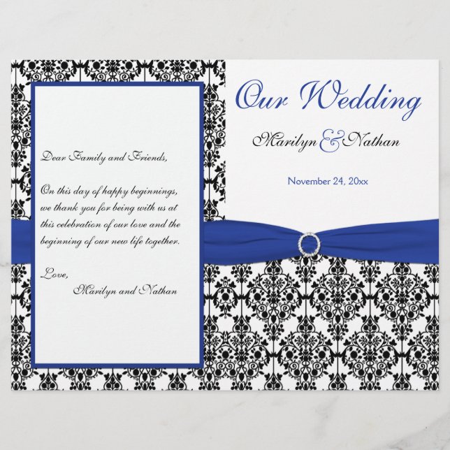 Royal Blue, White, Black Damask Wedding Program (Vorderseite)