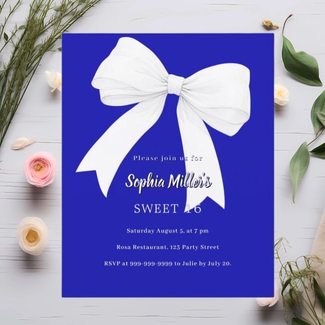 Royal Blue White bow Sweet 16 Einladung (Von Creator hochgeladen)