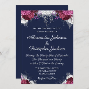 Royal Blue, White Cranberry Burgundy Wedding Einladung