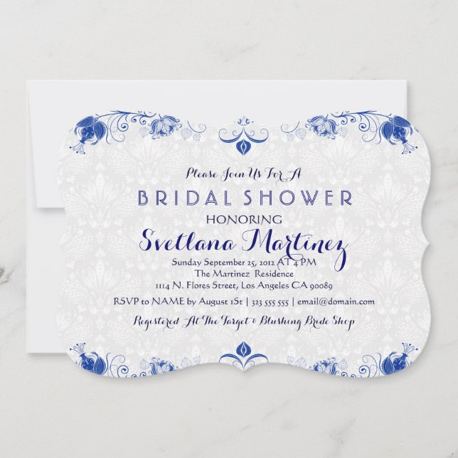 Royal Blue & White Damask Brautparty Einladung 2 (Vorderseite)