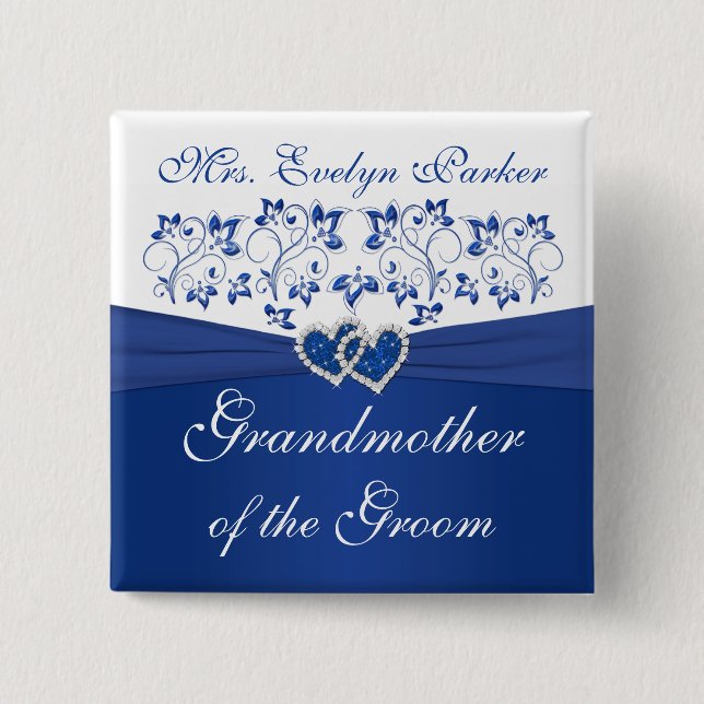 Royal Blue White Floral Großmutter of the Groom Button (Vorderseite)