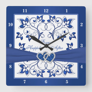 Royal Blue, White Floral Heart glücklich immer nac Quadratische Wanduhr
