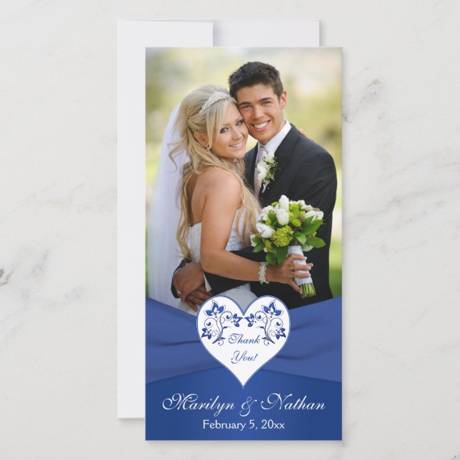 Royal Blue, White Floral Heart Wedding Foto Card Dankeskarte (Vorderseite)