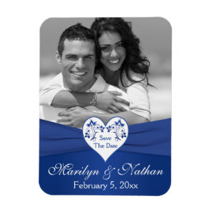 Royal Blue White Floral Heart Wedding Foto Magnet