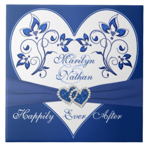 Royal Blue, White Floral Heart Wedding Tile Fliese
