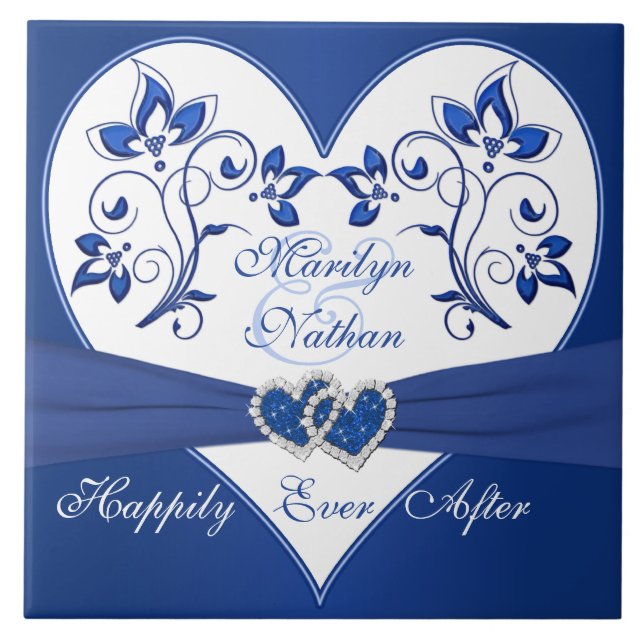 Royal Blue, White Floral Heart Wedding Tile Fliese (Vorderseite)