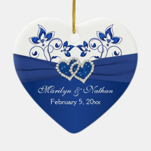 Royal Blue, White Floral Hearts 1. Weihnachten Keramik Ornament