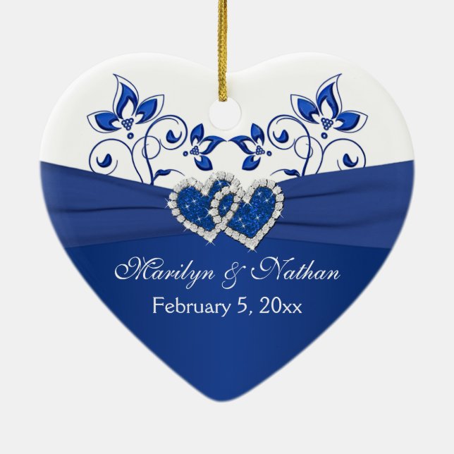 Royal Blue, White Floral Hearts 1. Weihnachten Keramik Ornament (Hinten)